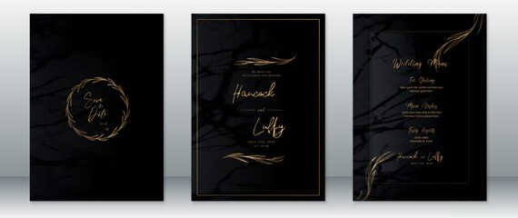Wedding invitation card template luxury gold design with leaf wreath frame and black texture dark background