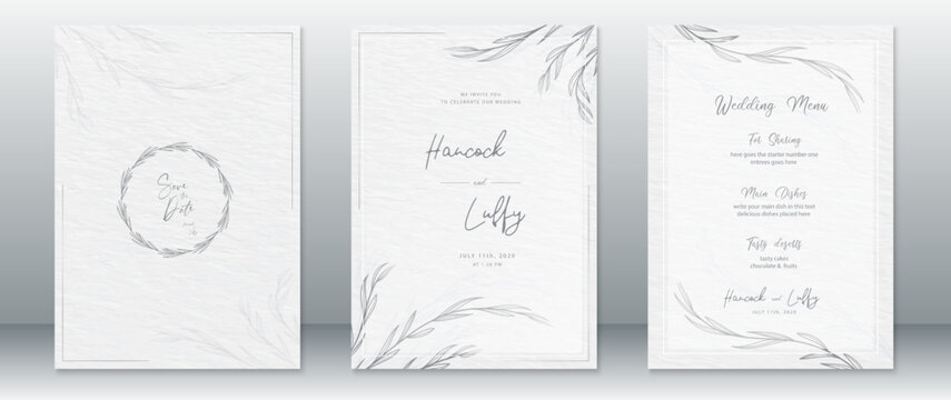 Wedding invitation card template design with natural leaf and watercolor white paper texture background