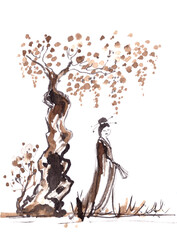 Lady in ancient Chinese costume under a tree, Chinese ink painting on rice paper
