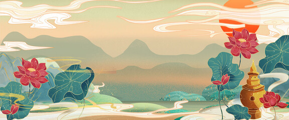 Chinese classical landscape architecture landscape illustration background