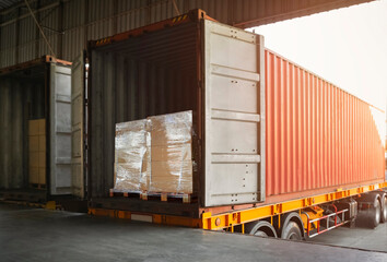 Package Boxes Wrapped Plastic on Pallets Loading into Cargo Container. Shipping Trucks Loading Dock Warehouse. Shipment Boxes. Distribution Supplies Warehouse. Freight Truck Transport Logistics	