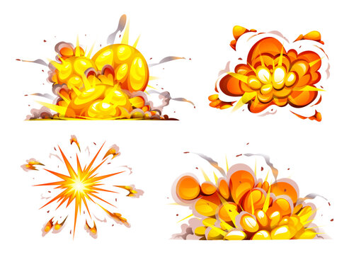 Collection of bomb explosion with smoke, flame and particles isolated cartoon illustration