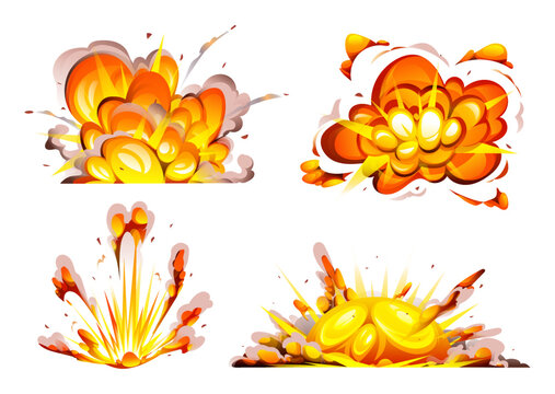 Set of bomb explosion with smoke, flame and particles isolated cartoon illustration