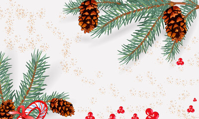 Christmas background with Christmas tree branches and pine cones.