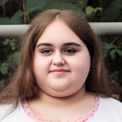 Portrait of a young overweight girl. Model released AI generated image with custom trained model with reference image. 