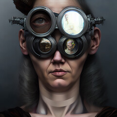 Futuristic sci fi woman wearing googles. Fantasy AI art generated with custom trained model. Model release with reference image. 