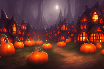 Halloween pumpkin village at night, Jack o lanterns, generated with AI.  