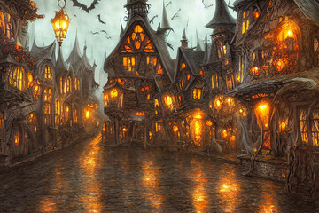 Fototapeta na wymiar Ominous and spooky fantasy town at night, Halloween and dreary atmosphere, haunted houses and huts, witching hour. Ai generated illustrations 