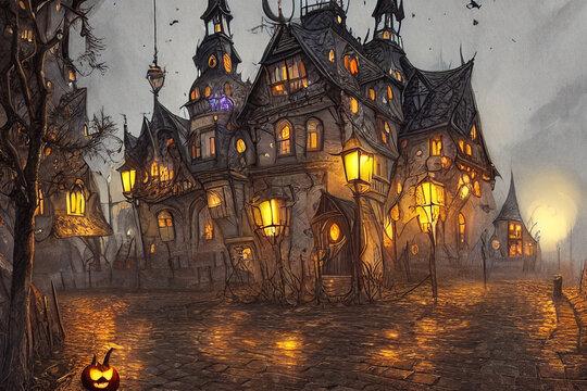 Ominous and spooky fantasy town at night, Halloween and dreary atmosphere, haunted houses and huts, witching hour. Ai generated illustrations   