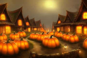 Obraz premium Halloween pumpkin village at night, Jack o lanterns, generated with AI. 
