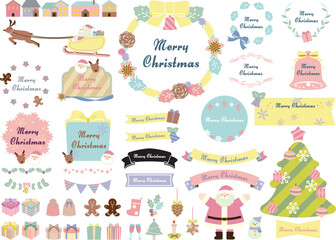 クリスマスのかわいいフレームとイラストとリボンのセット・パステルカラー