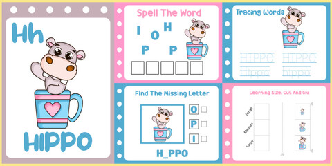 Fototapeta na wymiar worksheets pack for kids with hippo vector