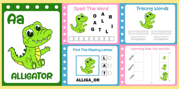 worksheets pack for kids with alligator vector