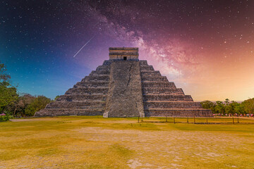 Temple Pyramid of Kukulcan El Castillo, Chichen Itza, Yucatan, Mexico, Maya civilization with Milky Way Galaxy stars night sky