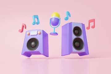 Music wave media connection concept. microphone podcast and retro radio vintage with instrument speaker floating on pink pastel background, Minimal cartoon style, banner. 3d render illustration - Powered by Adobe