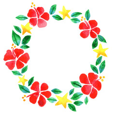 Red hibiscus, Christmas star with green leaves watercolor wreath for decoration on Christmas on summer festival.