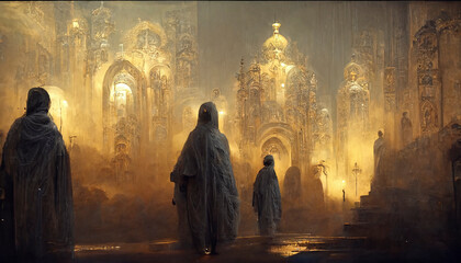 
A person dressed in Arabic with a building background with Arabic carvings depicting a traveler in ancient times with a combination of modernization.