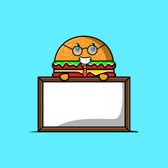 Cute cartoon Burger teacher character with big whiteboard in flat cartoon style concept