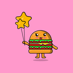 Cute cartoon Burger floating with star balloon cartoon vector illustration  