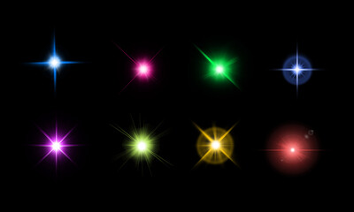 Flash light on black background. Glow sparkle effect. Abstract lens flare ignition. Flashing lights