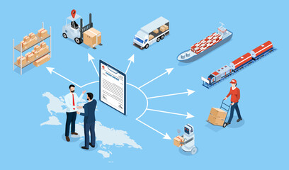 3D isometric Global logistics network concept with Transportation operation service, Export, Import, Cargo, Air, Road, Maritime delivery. Vector illustration EPS 10