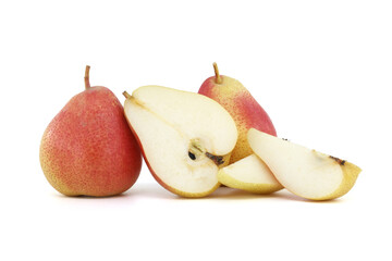 Whole and half cut pears on white background