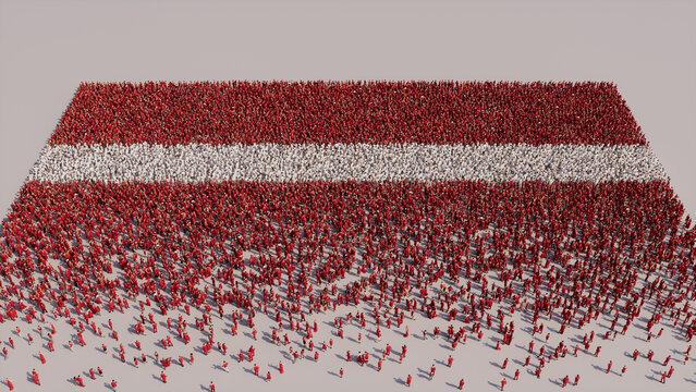 Latvian Flag formed from a Crowd of People. Banner of Latvia on White.