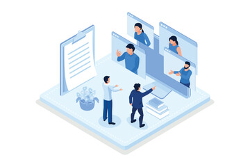 Obraz na płótnie Canvas People Character working Remote at Home and using Laptop for Video Meeting with Colleagues. Online Discussion and Business Video Conference Concept, isometric vector modern illustration