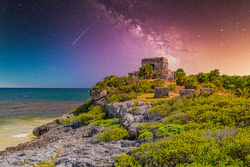 Structure 45, offertories on the hill near the beach, Mayan Ruins in Tulum, Riviera Maya, Yucatan, Caribbean Sea, Mexico with Milky Way Galaxy stars night sky