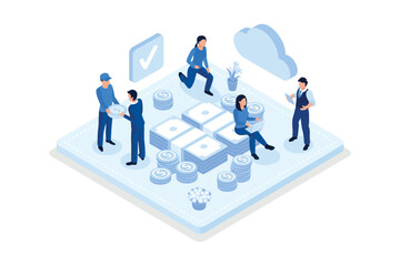 People Characters Standing near Gold Coins Stack and Banknotes Bundle. Woman and Man Holding Dollar Coins. Saving Money or Cash Back Concept, isometric vector modern illustration