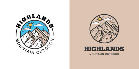 mountain landscape logo design with rocks at sunrise, badge and Sun for Hipster Adventure Traveling logo illustration. highlands outdoor logo