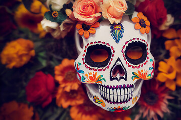 Hispanic heritage sugar skull marigold  Festive dia de los muertos background 3d render digital...