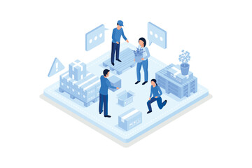Ready for Transportation Carton Boxes Stack standing on Floor. Different Personal Stuff packed in Boxes. House Moving and Relocation Services Concept, isometric vector modern illustration