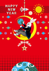 卯年イラスト年賀状デザイン「地球儀を回す学者兎」HAPPY NEW YEAR（Year of the rabbit illustration new year's card greeting post card design）