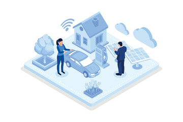 Obraz na płótnie Canvas Smart house with solar panel and electric car. Can use for web banner, infographics, hero images, isometric vector modern illustration