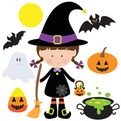 Set of Halloween bundle collection witch pumpkin bat moon candy corn toothy sweet cauldron 