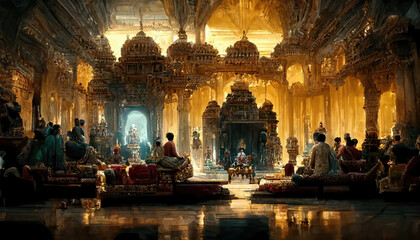 AI generated image depicting the throne room and court of an ancient Indian king, with ministers and courtiers in attendance. Durbar hall. 