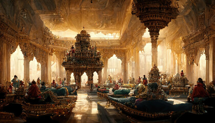 AI generated image depicting the throne room and court of an ancient Indian king, with ministers and courtiers in attendance. Durbar hall.  - obrazy, fototapety, plakaty