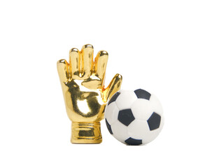 A picture of miniature golden gloves with ball. Award for Best Goalkeeper.