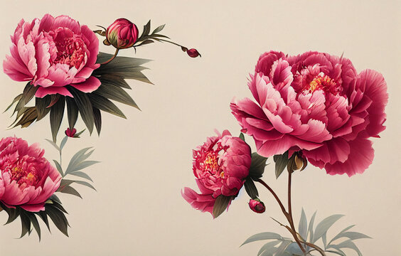 Poster card or wallpaper illustration of peony flowers