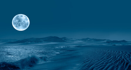 Namib desert with Atlantic ocean meets near Skeleton coast at night full moon in the background -...
