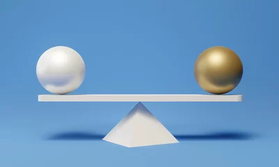 Foto op Canvas 3D gold see saw balance isolated on blue background. The seesaw has a pivot point in the middle of the board.  Stability, equal, Scale, justice, compare, copy space, 3D Rendering. © Teerapat