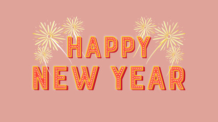 Happy new year illuminated sign. Bright calligraphic happy new year text in red color with fireworks in gold. Happy New Year. Vector.