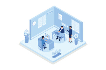 Business people, planning financial strategy and interviewing job candidates, isometric vector modern illustration