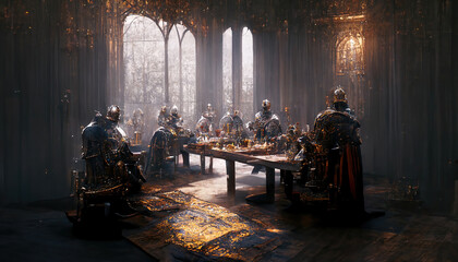 AI generated image of medieval knights sitting around a round table. King Arthur and the knights of the round table - obrazy, fototapety, plakaty