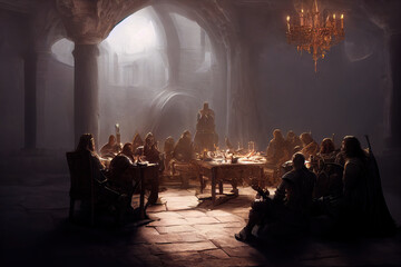 AI generated image of medieval knights sitting around a round table. King Arthur and the knights of the round table - obrazy, fototapety, plakaty
