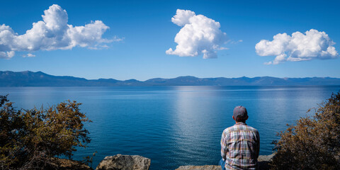 Fototapeta premium Tranquil landscape of Lake Tahoe with clean blue water, dramatic clouds, and a person sitting on the bank in Logan Shoals Vista Point in Nevada