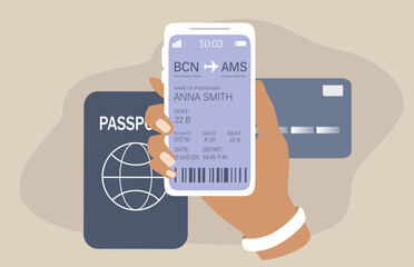 vector illustration in a flat style on the topic of buying an electronic ticket using a smartphone