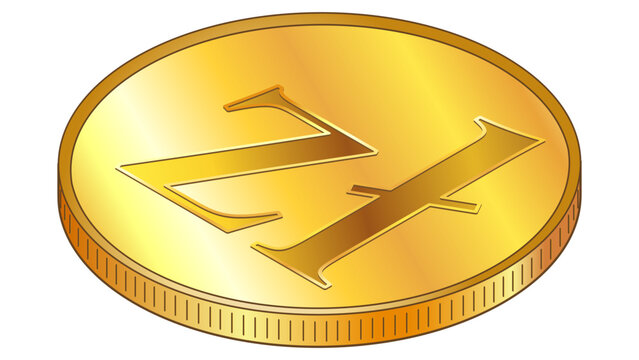 Golden coin Polish zloty PLN isometric view isolated on white. Design element.