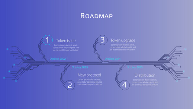 Roadmap for cryptocurrency or digital technology site on violet background. Horizontal infographic timeline with PCB tracks with copy space. Template for presentation. Vector.